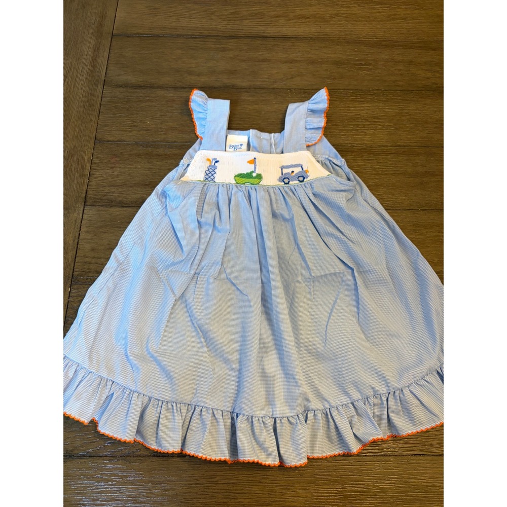 Bailey Boys Smocked Dress Kid 3T Golf Gingham Blue Ruffle Ric Rac Trim Sleeveles
